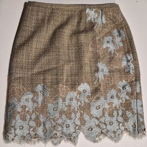 Elegant Brown and Blue Floral Lace Skirt